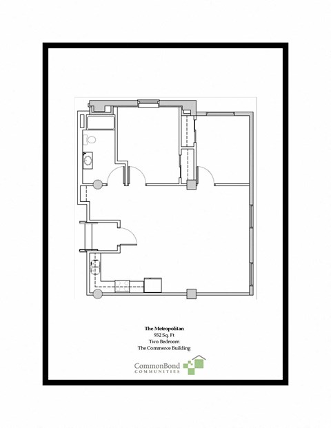 Floor plan for 2 beds, 1 bath, 924 sqft